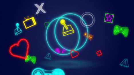 neon shapes and symbols animation over dark background with swirling light effects