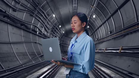 side view of asian female professional worker in underground subway tunnel, observes by looking up before she come to concentrating on the laptop and keep on typing