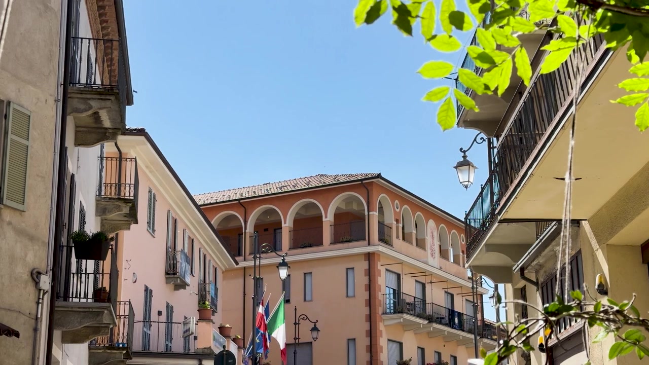 Vista soleggiata dal basso di architettura storica piemontese con balconi e foglie verdi di alberi