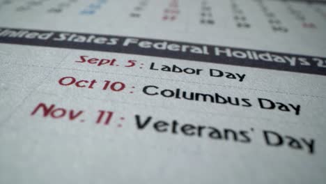 Holidays of 2022. Labor day, Columbus day. Veteran's day. Important days of memory in USA. Macro shot of calendar New Year. 2022