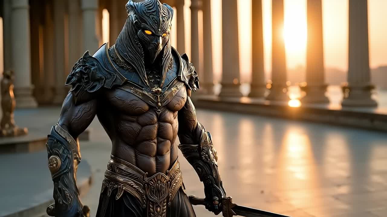 un hombre en armadura sosteniendo una espada frente a un edificio