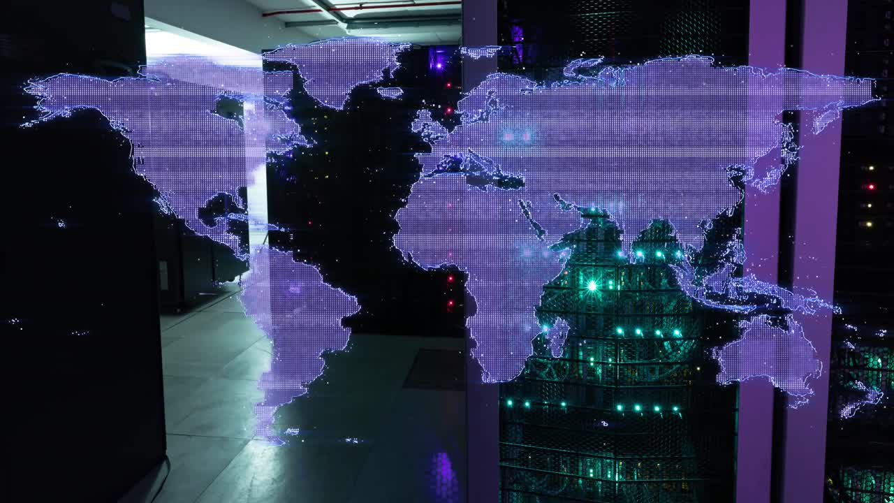 Animation of glitch effect over world map against computer server room