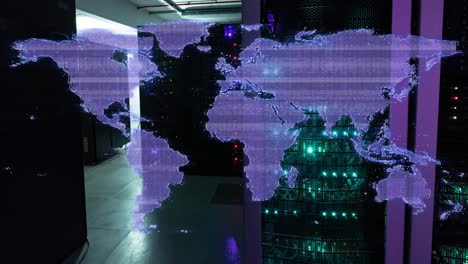 Animation-of-glitch-effect-over-world-map-against-computer-server-room