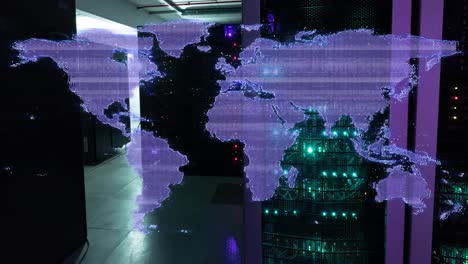 animación del efecto de falla sobre el mapa del mundo contra la sala del servidor de la computadora