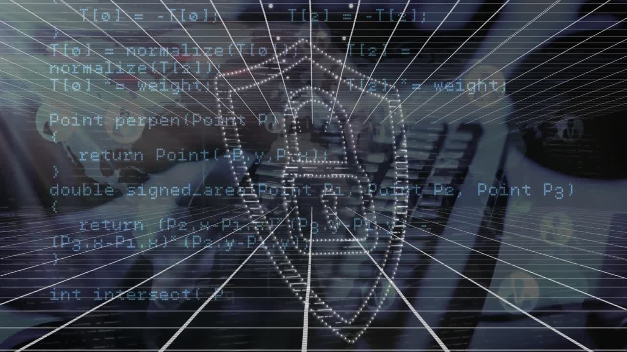 Animation of data processing and padlock icon over hands typing on keyboard