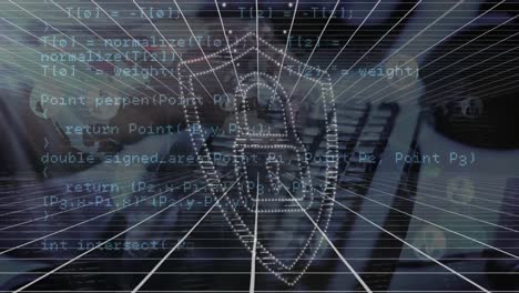 Animation-of-data-processing-and-padlock-icon-over-hands-typing-on-keyboard