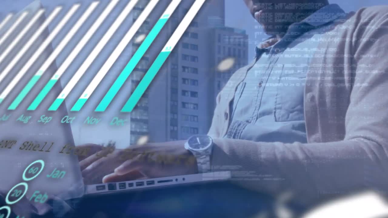 Animation of statistical data processing over african american businessman using laptop at office