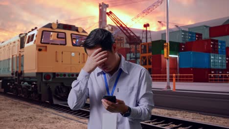 asian male professional worker standing with his smartphone with freight cargo train at port, he is nodding his head with dissapionted
