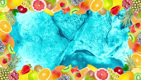 creative 4k stop motion video animation of many different exotic tropical bright fruits frame quickly appearing and disappearing on a beautiful background of cracked blue ice texture. seamless loop.