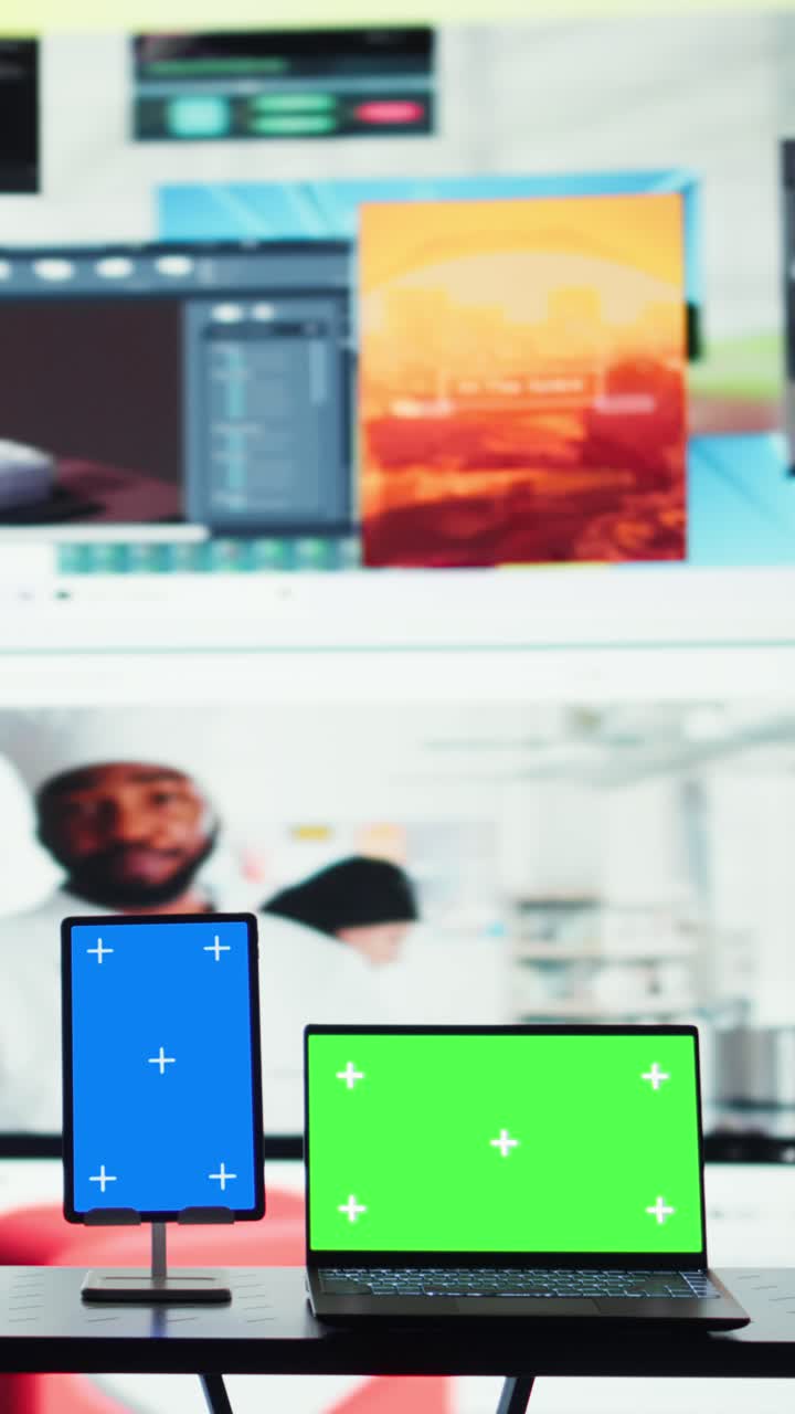Vertical video Green screen laptop and video media collage reflecting entertainment concept