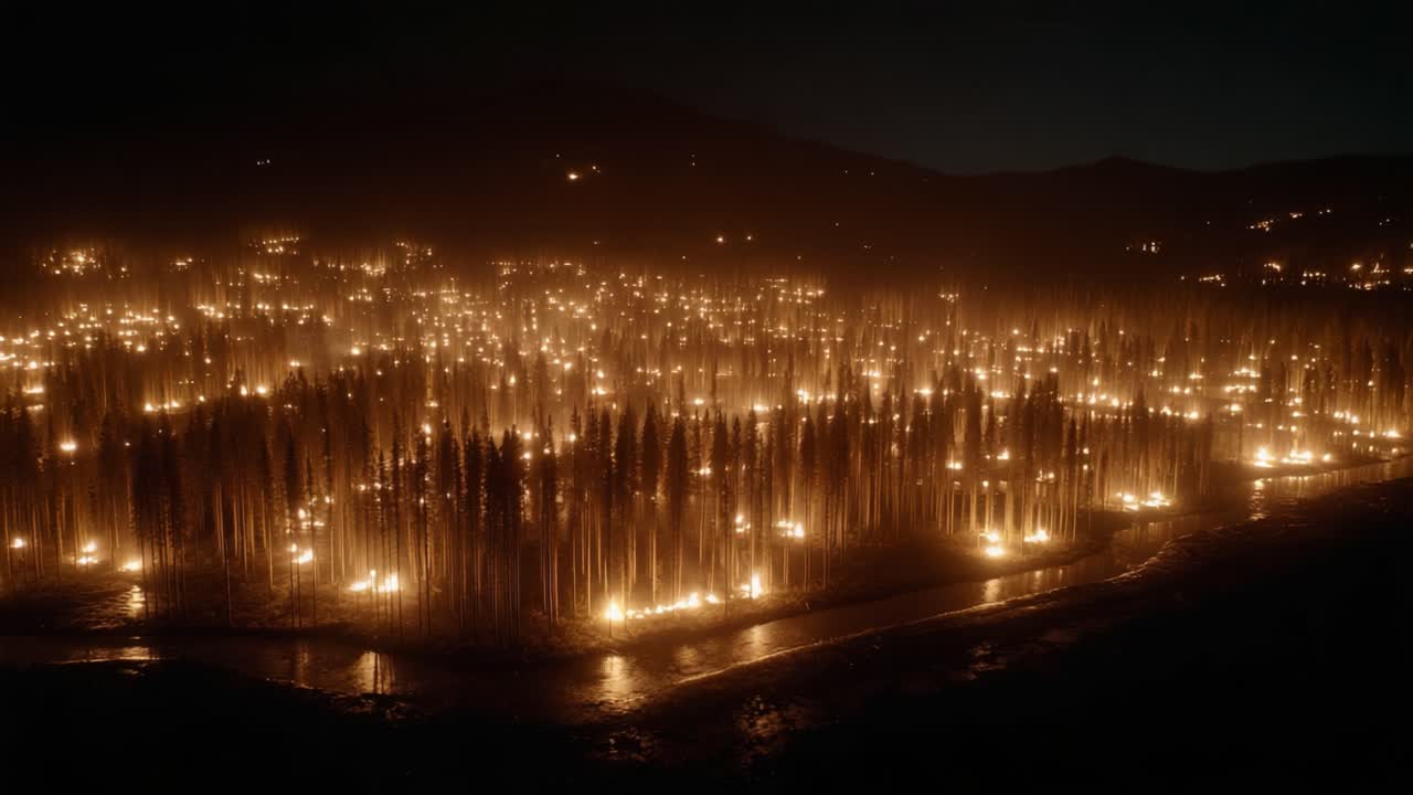 Stunning Aerial View of Wildfires at Night Revealing a Landscape Engulfed in Flames, Creating a Dramatic and Terrifying Scene of Nature's Fury and Destruction