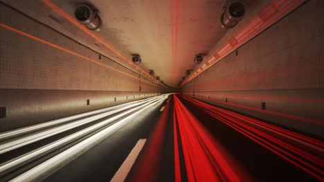 time stop showing colorful light trails left by multiple fast cars in the underground tunnel covered with white glossy tiles. night slow shutter speed illustration. time freeze and camera pitch.