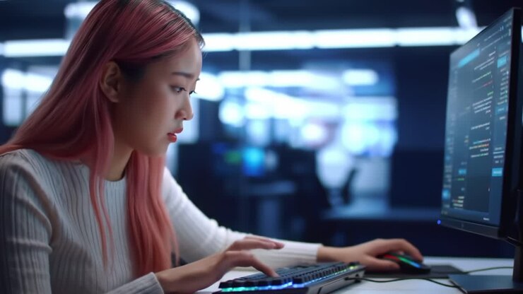 Wanita Fokus dengan Rambut Merah Muda yang Sedang Mengerjakan Proyek Pengkodean di Meja Komputer dalam Lingkungan Teknologi Modern
