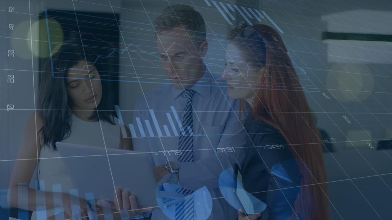 Animation of graphs, loading circles and changing numbers, caucasian coworkers discussing in office