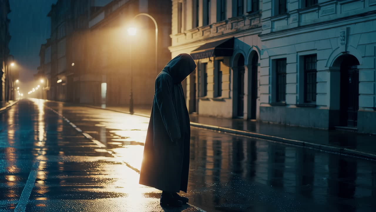 Woman in a hooded coat on a rainy night