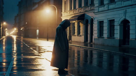 woman in a hooded coat on a rainy night