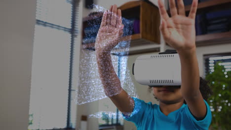 using virtual reality headset, child interacting with digital interface over room background