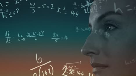 animación de ecuaciones matemáticas sobre primer plano de una mujer caucásica contra un fondo gradiente