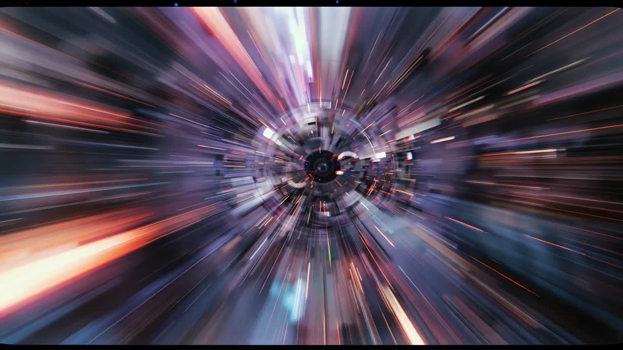 Lengthening radial streaks causing central hub rushing into letterbox tunnel for zoom, purple bands