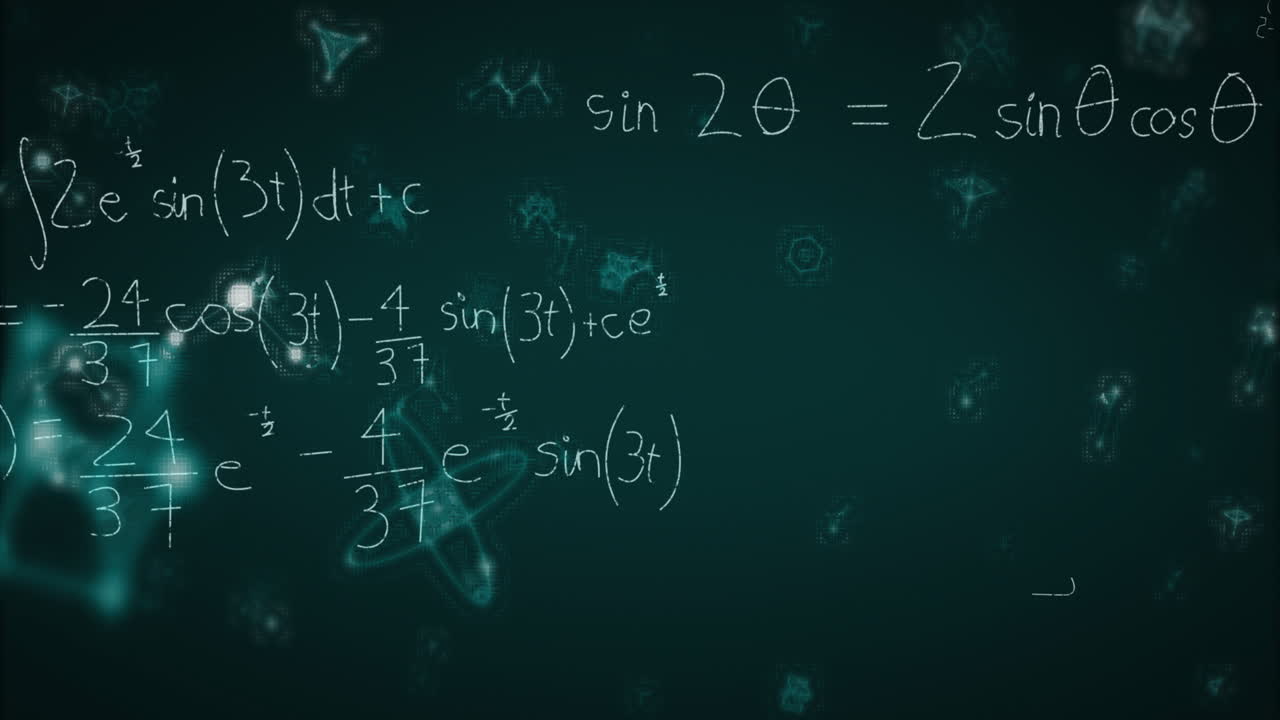 Glowing symbols and equations on green background in educational animation scene