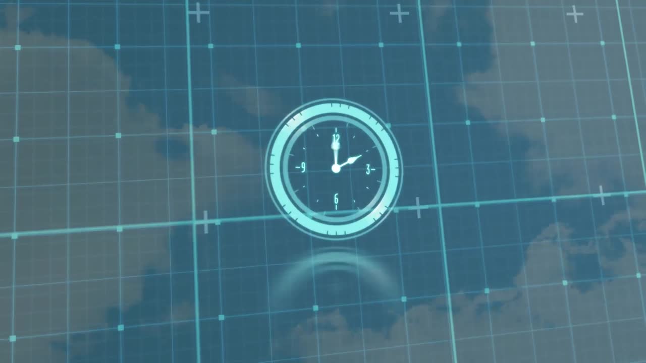 Animazione di orologio in movimento e rete di connessioni sul cielo