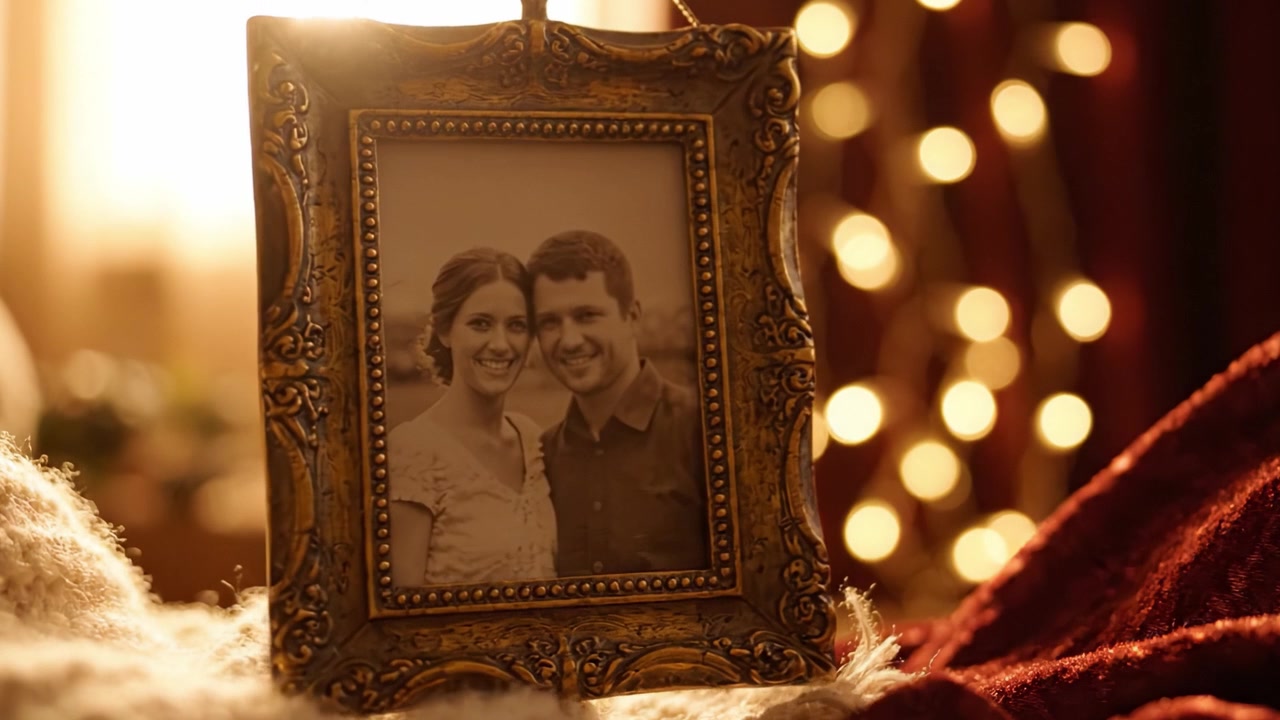 A Heartwarming Moment Captured: A Framed Black and White Photograph of a Couple with a Warm Background and Dazzling Bokeh Lights