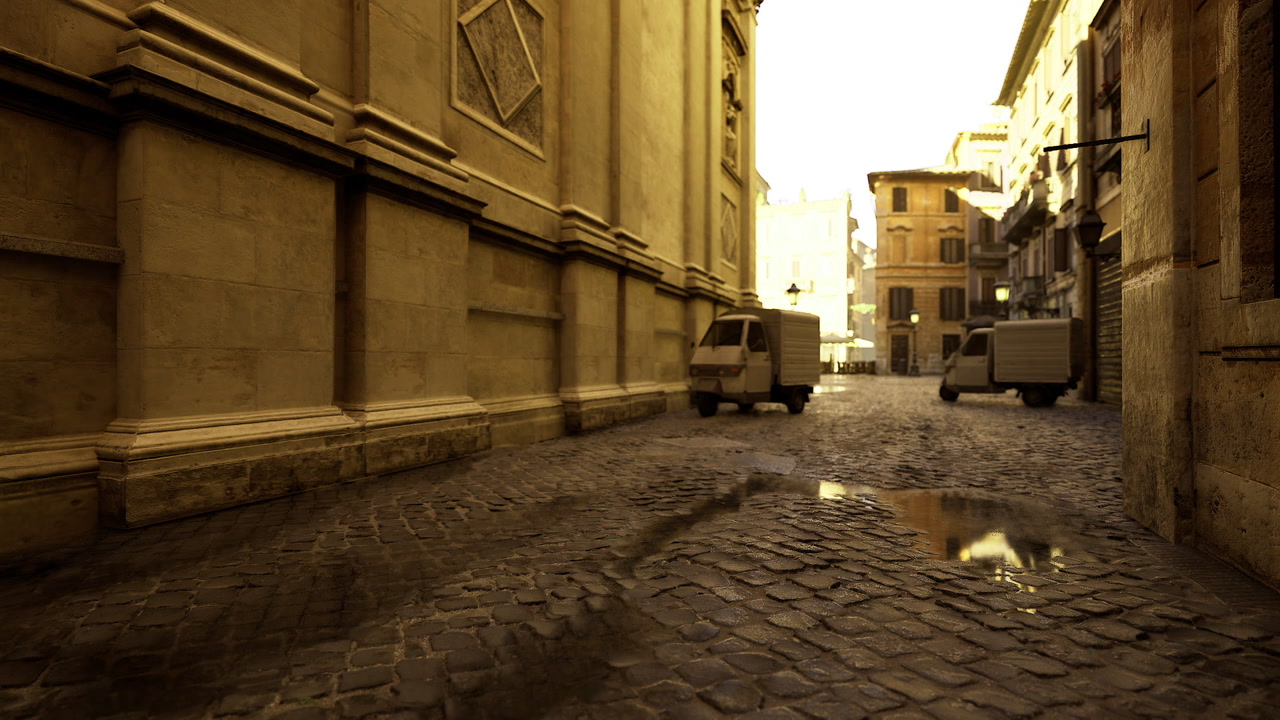 Lone city pathway with puddle mirroring historic building facades