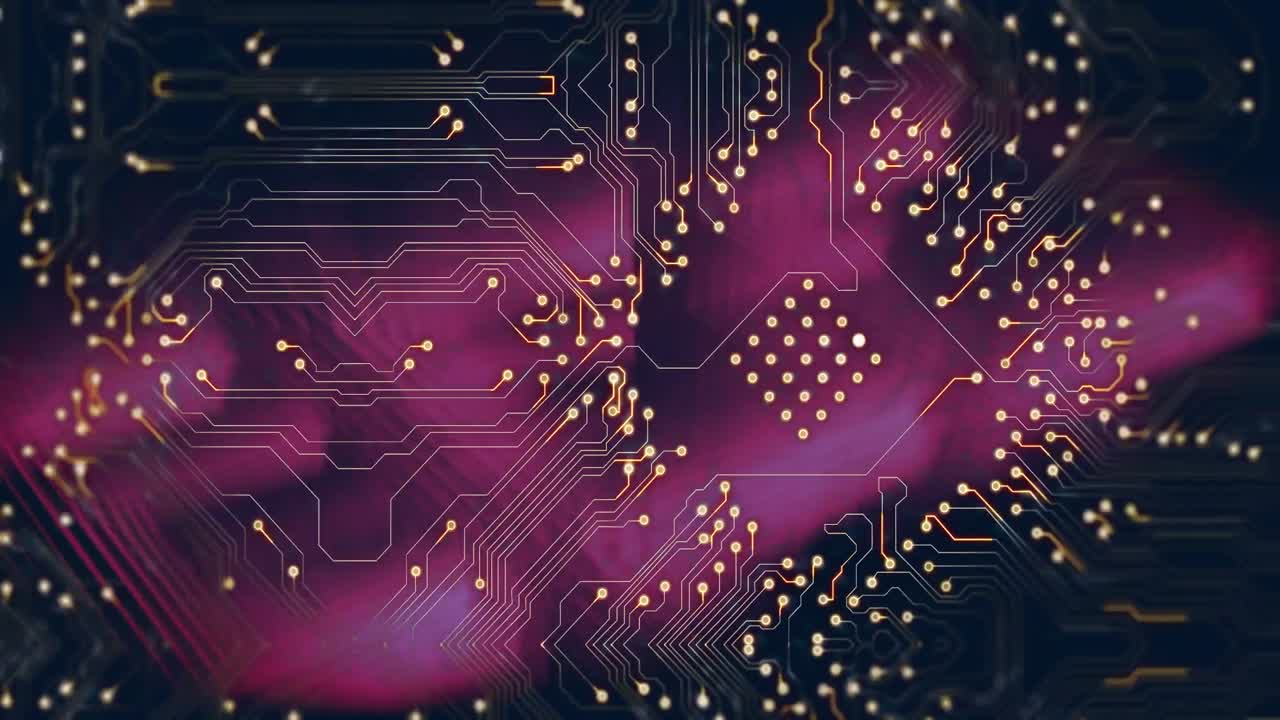animación digital de las conexiones del microprocesador sobre rastros de luz púrpura contra un fondo negro