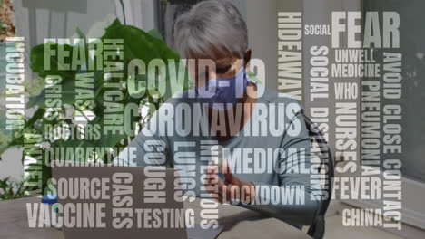 textos de concepto de coronavirus contra una mujer mayor que usa una máscara de cara sosteniendo una botella de medicamento vacía