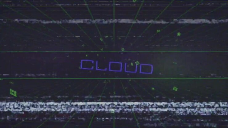 Glitching white static band revealing neon shapes, gridlines expanding tunnel, with blue CLOUD text