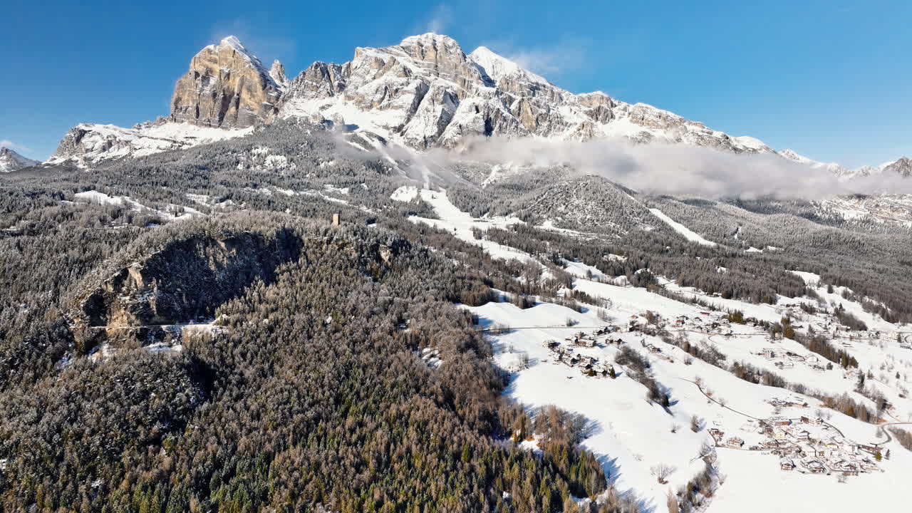 Aerial drone view of the Cortina d'Ampezzo town in the Dolomites, Italy