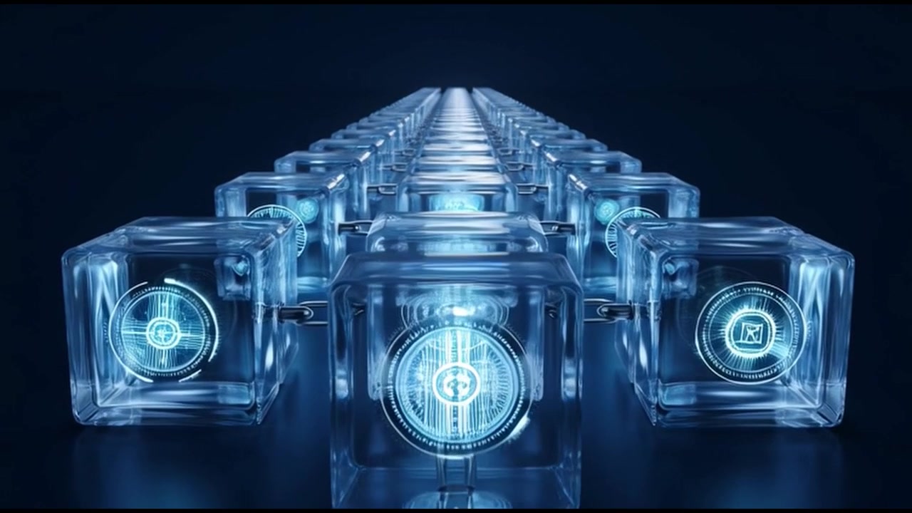 Futuristic Blockchain Network with Glowing Cubes and Interconnected Chains
