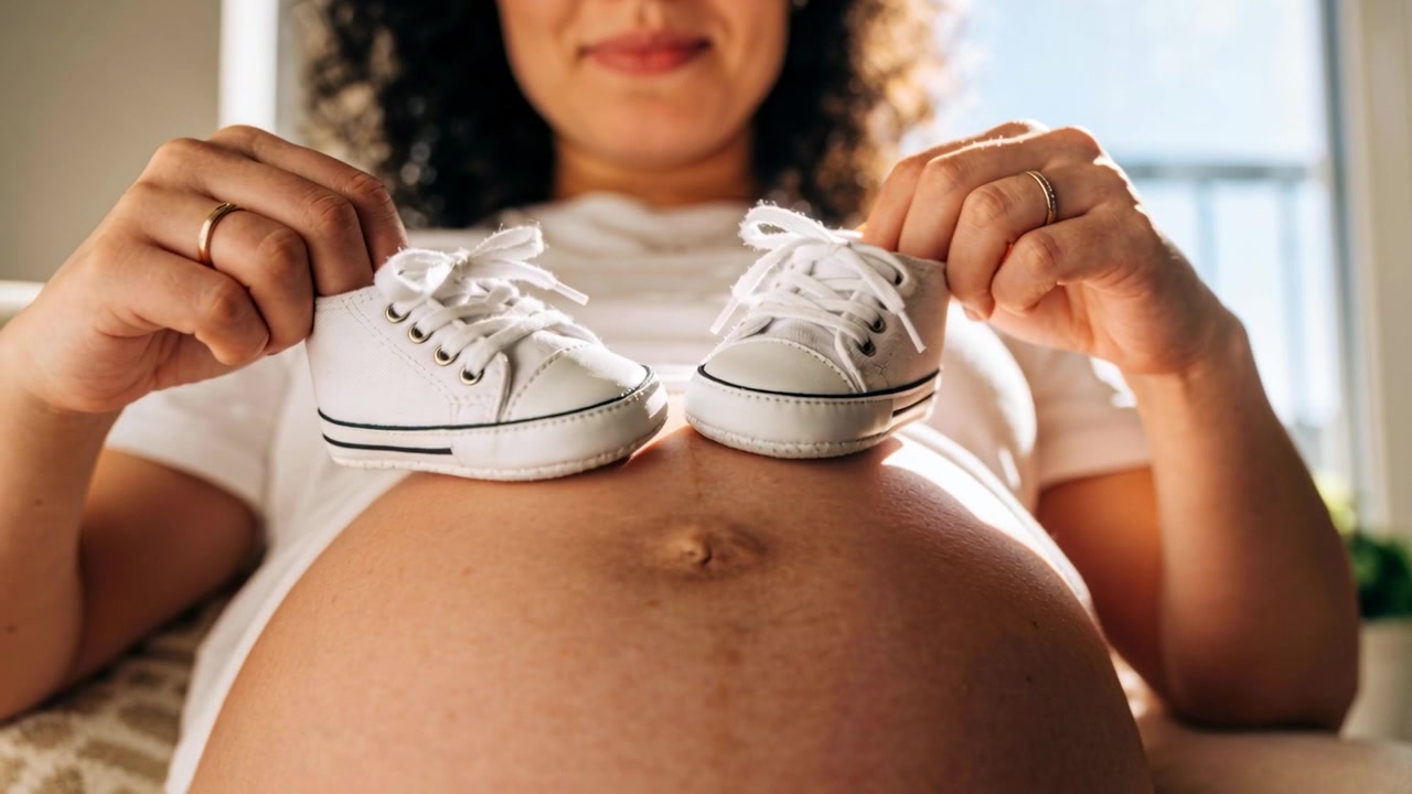 Smiling pregnant woman lifting shirt, placing white baby sneakers over belly at home, rings visible