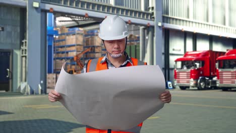 asian male engineer with safety helmet looking at blueprint in his hands and looking around while standing , outside of logistics distributions warehouse
