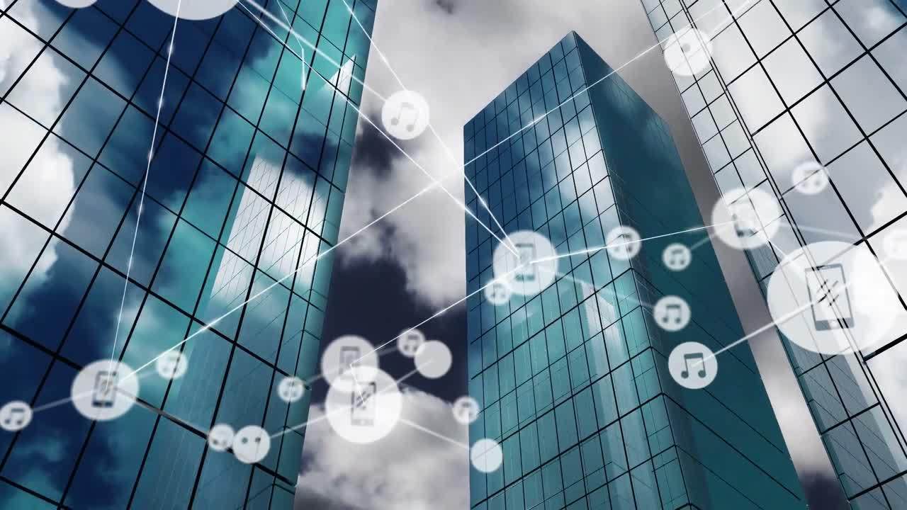Animation af netværksforbindelser med smartphone- og musikikoner