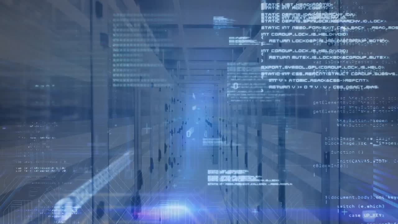 Animation of computer language and binary codes over lens flares against server room