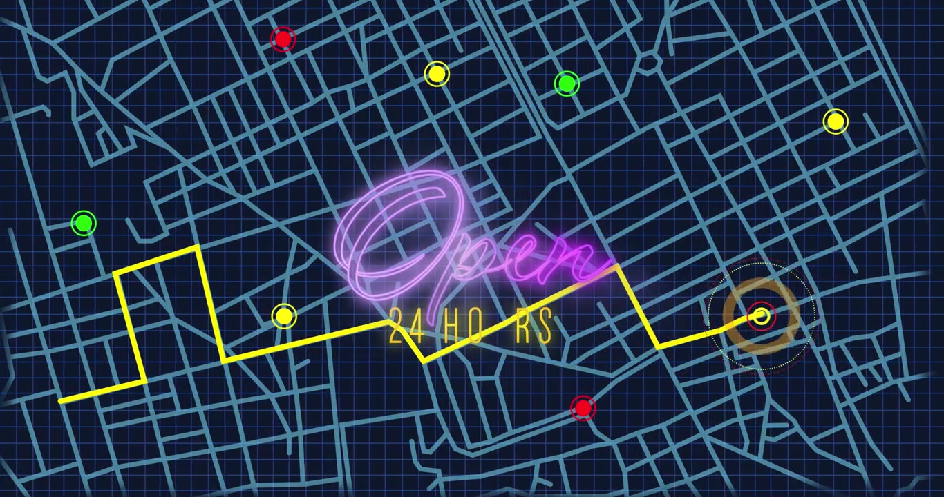 Animazione di un banner di testo neon viola "aperto 24 ore" su una mappa di navigazione GPS su sfondo blu.