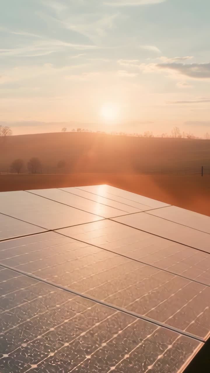Vertical video: Cresting sun casting highlights across solar panel array on farmland, with hills