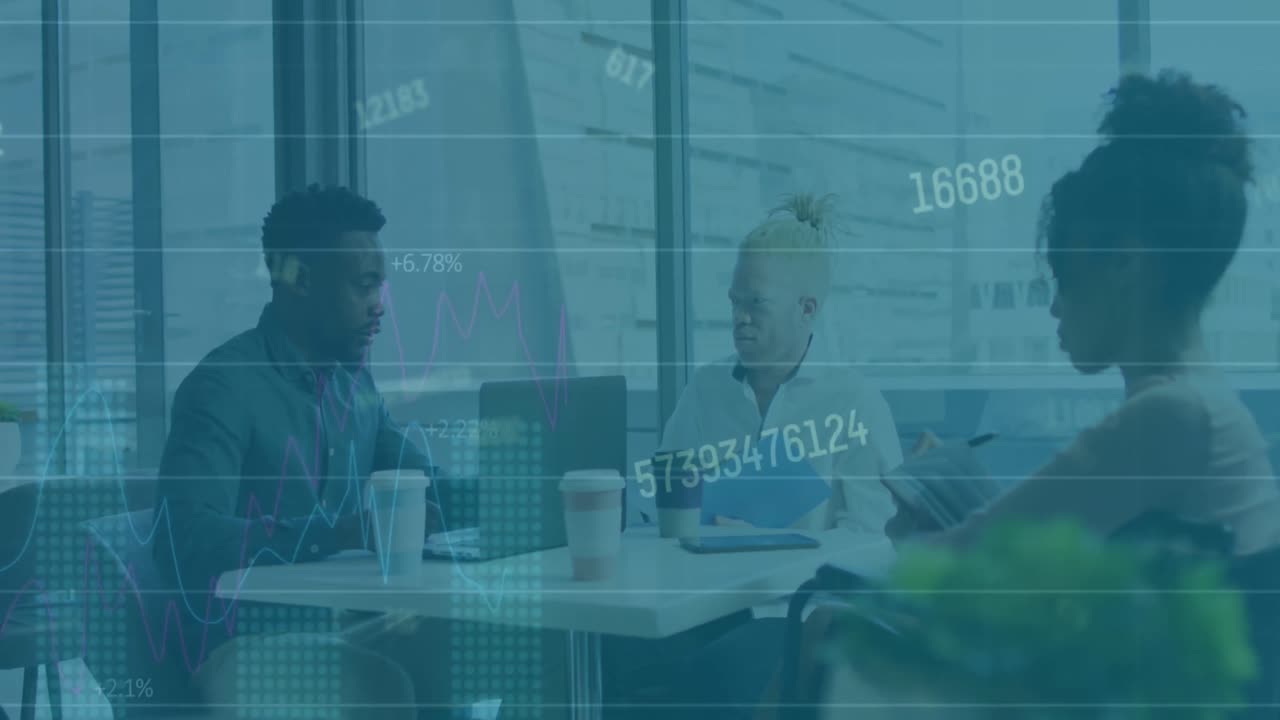 Animation of financial data processing over diverse business people working at office