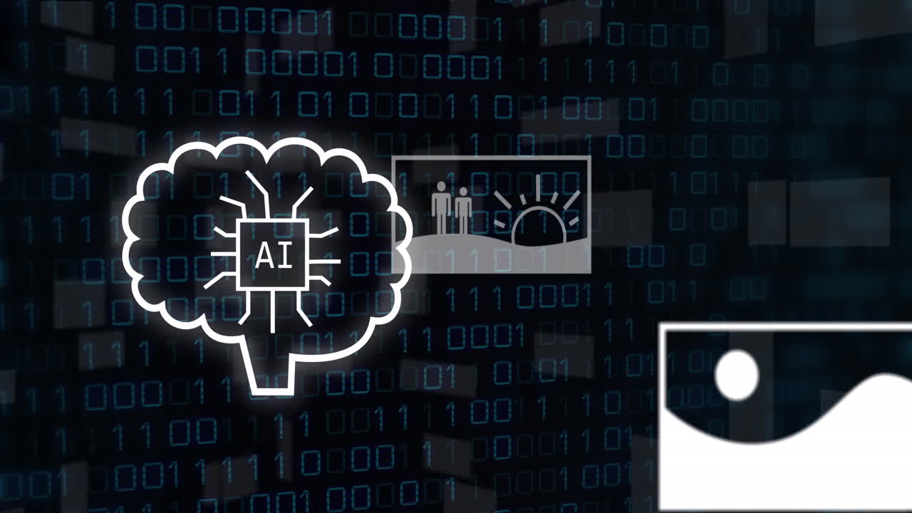 Animation of ai text, icons and binary coding