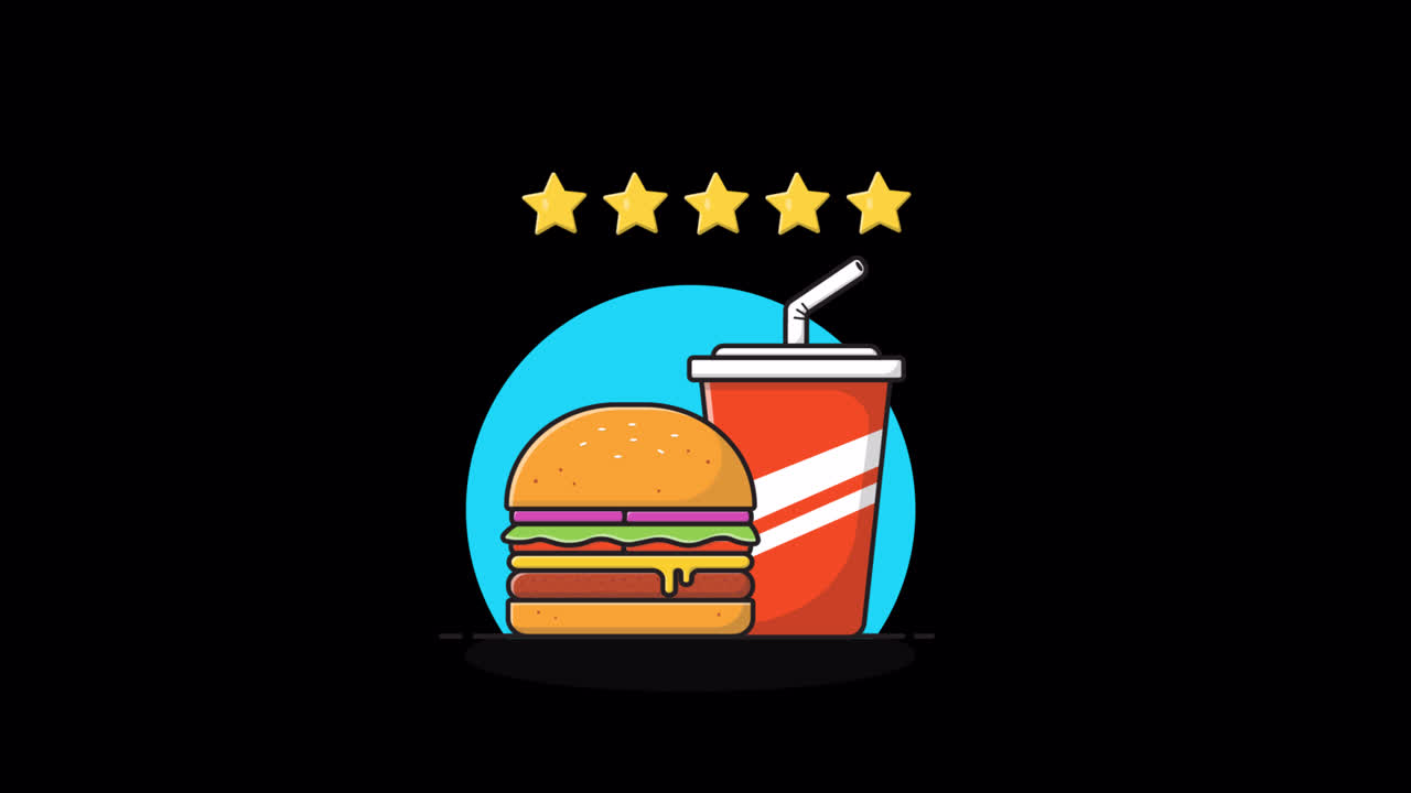 Cartoon Animation of Fast Food Rating with Burger and Soda
