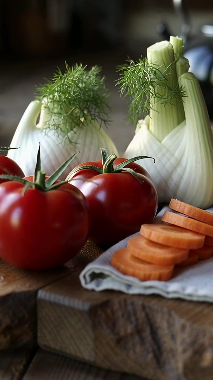 Vertical video: Reaching hands arranging tomatoes, fennel, carrots on board in kitchen, styling