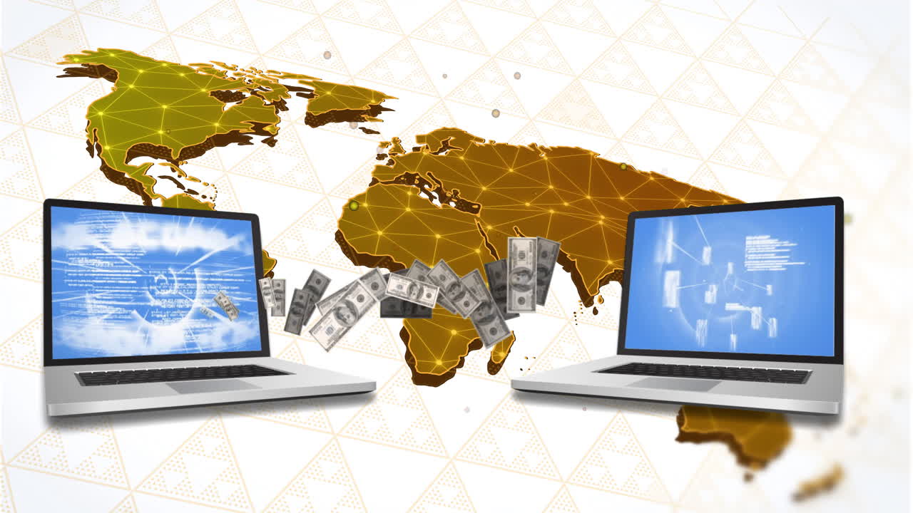transferência de moeda digital através de laptops com fundo de mapa mundial