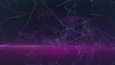 Animation-of-network-of-connections-and-pink-light-trails-against-space-in-background