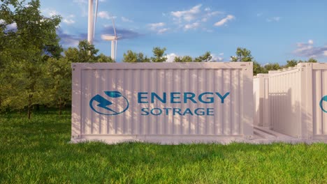battery storage power station accompanied by wind turbine power plants. new energy concept