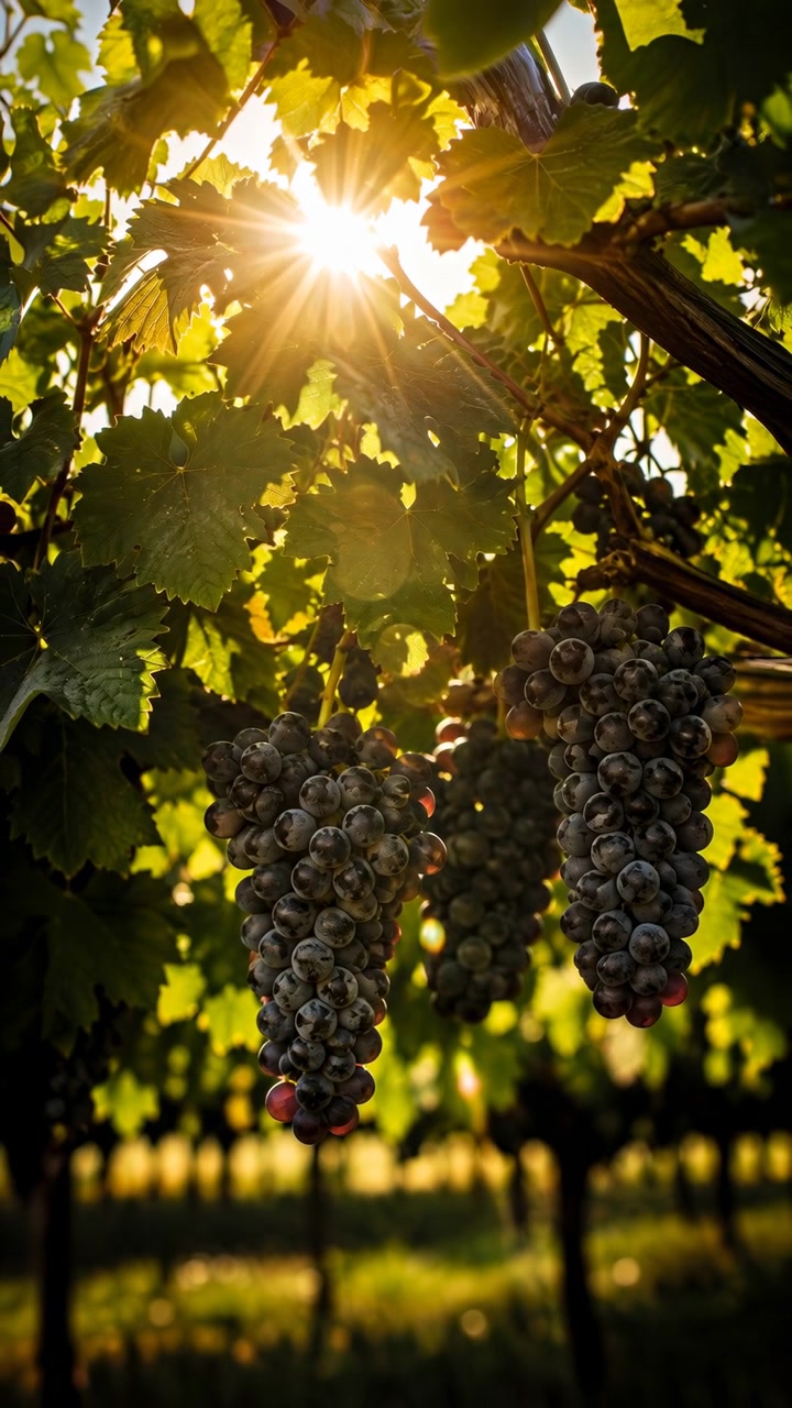 Fila di grappoli d'uva rimangono immobili sotto viti frondose mentre la luce solare intensa attraversa il fogliame, rivelando le texture dei frutti, i dintorni verdi e una morbida profondità tra le piante del vigneto.