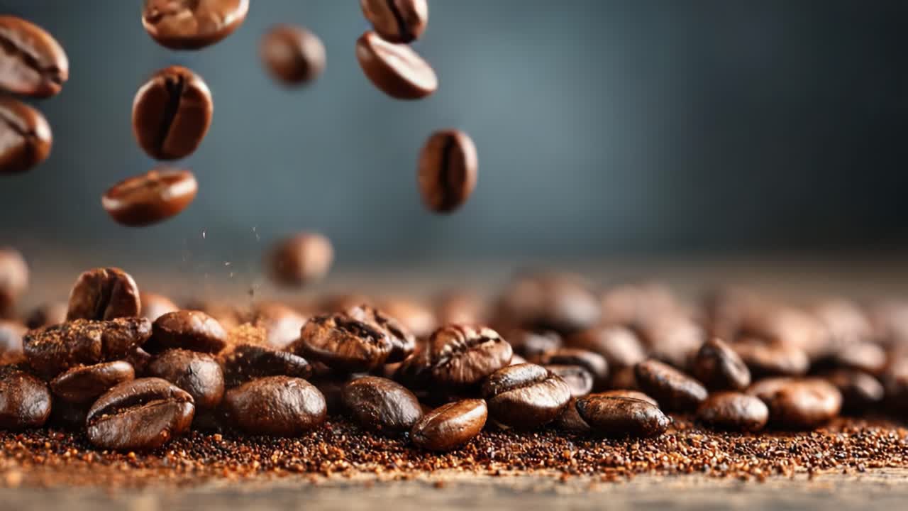 Capturing the Essence of Freshly Ground Coffee: A Close-Up View of Coffee Beans Falling Among Crushed Grounds with a Rich, Aromatic Background