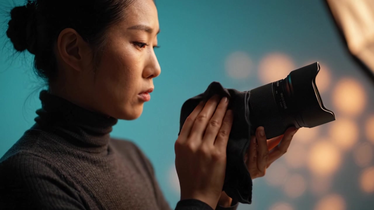 集中した女性写真家がカメラレンズを点検し、機材への細やかな関わりを通じて写真への情熱的な献身を示す