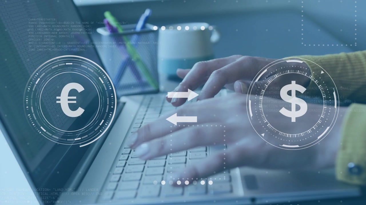 Woman typing on laptop at desk, pressing keys and activating financial HUD, converting funds