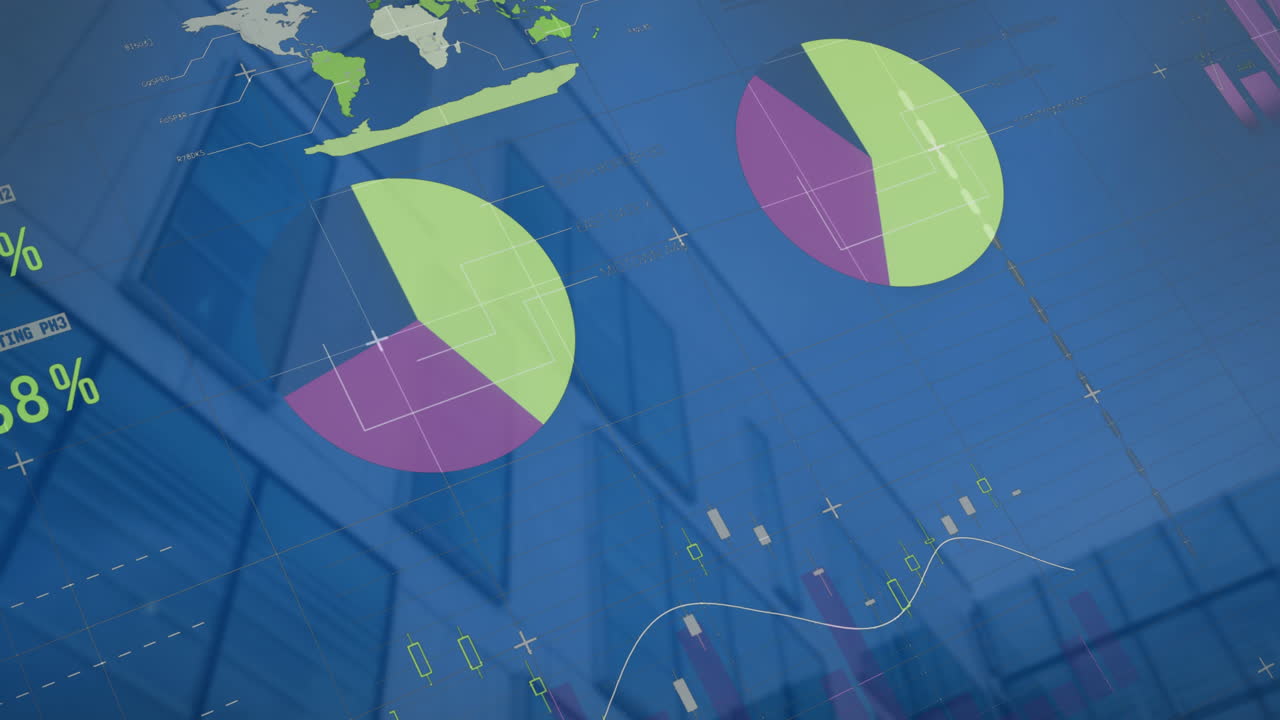 animación de la interfaz infográfica multicolor sobre vista de ángulo bajo de un edificio moderno